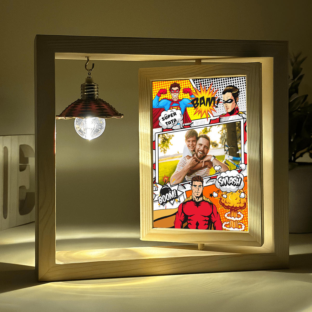 Mój super tata - Druk na szkle w drewnianej ramce + led, spersonalizowany prezent dla taty - idamell.com