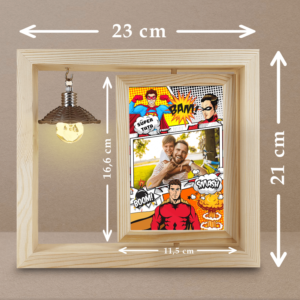 Mój super tata - Druk na szkle w drewnianej ramce + led, spersonalizowany prezent dla taty - idamell.com