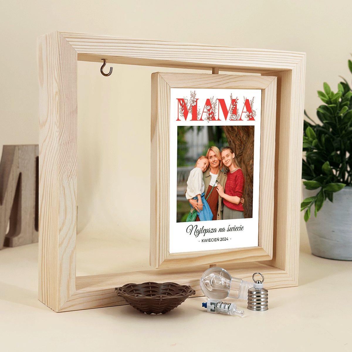 Moja mama - Druk na szkle w drewnianej ramce + led, spersonalizowany prezent dla mamy - idamell.com