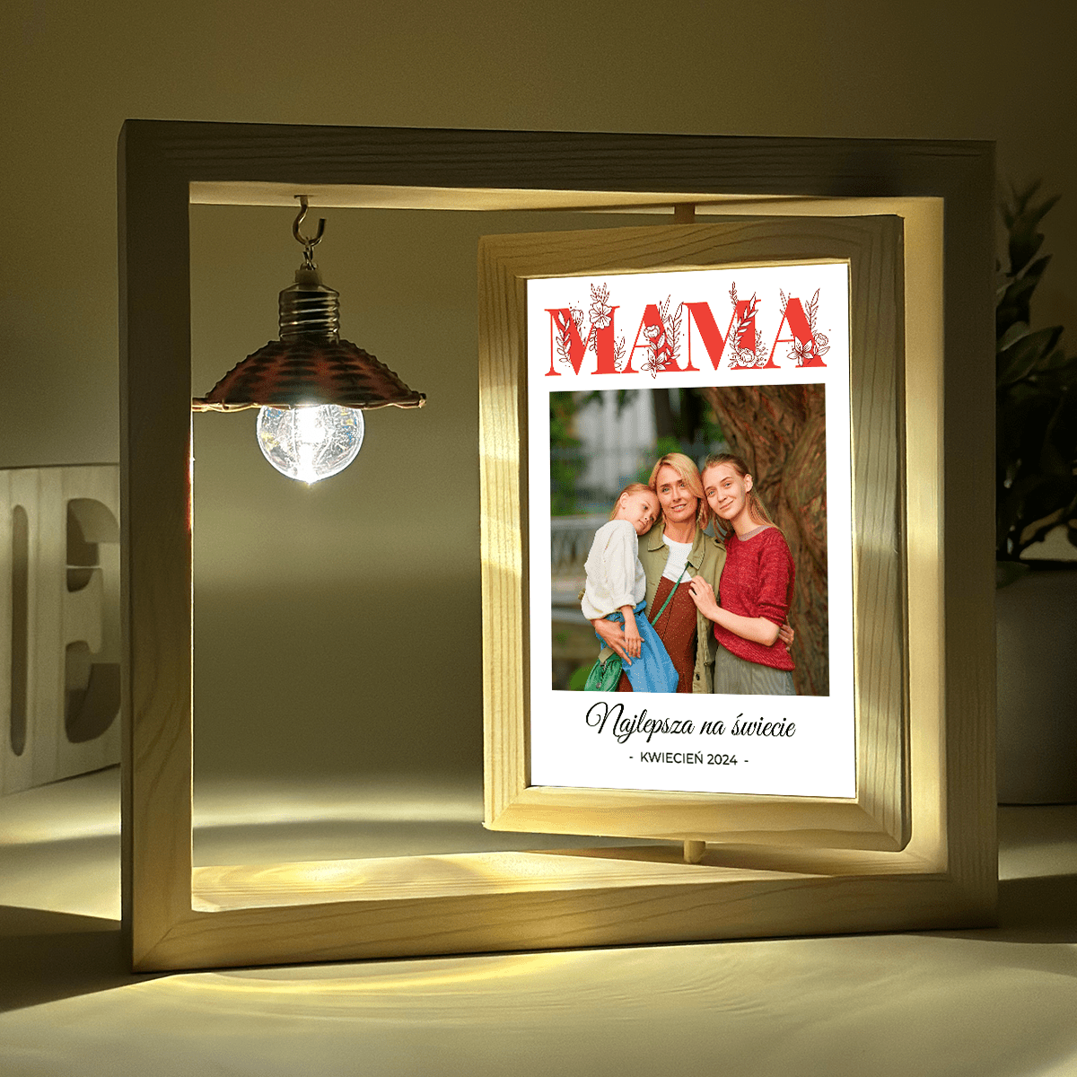 Moja mama - Druk na szkle w drewnianej ramce + led, spersonalizowany prezent dla mamy - idamell.com