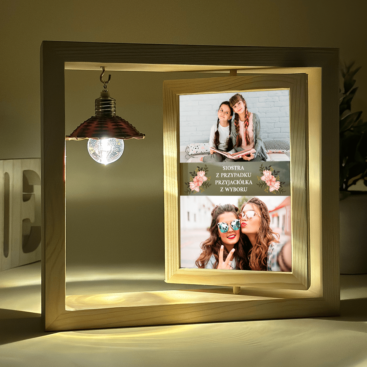 Moja siostra - 2 zdjęcia - Druk na szkle w drewnianej ramce + led, spersonalizowany prezent dla siostry - idamell.com
