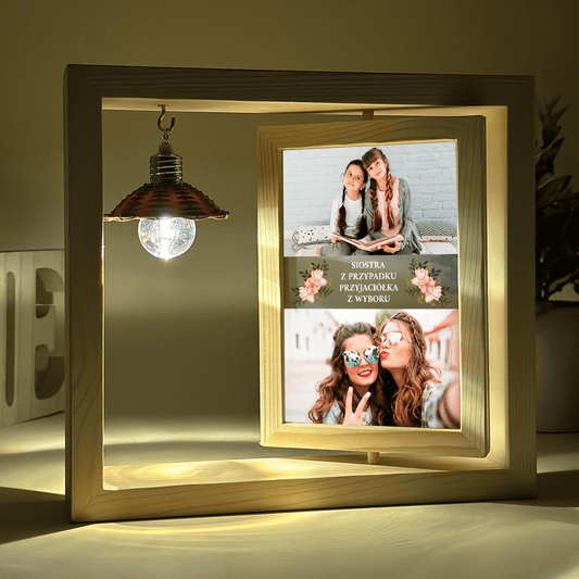 Moja siostra - 2 zdjęcia - Druk na szkle w drewnianej ramce + led, spersonalizowany prezent dla siostry - idamell.com