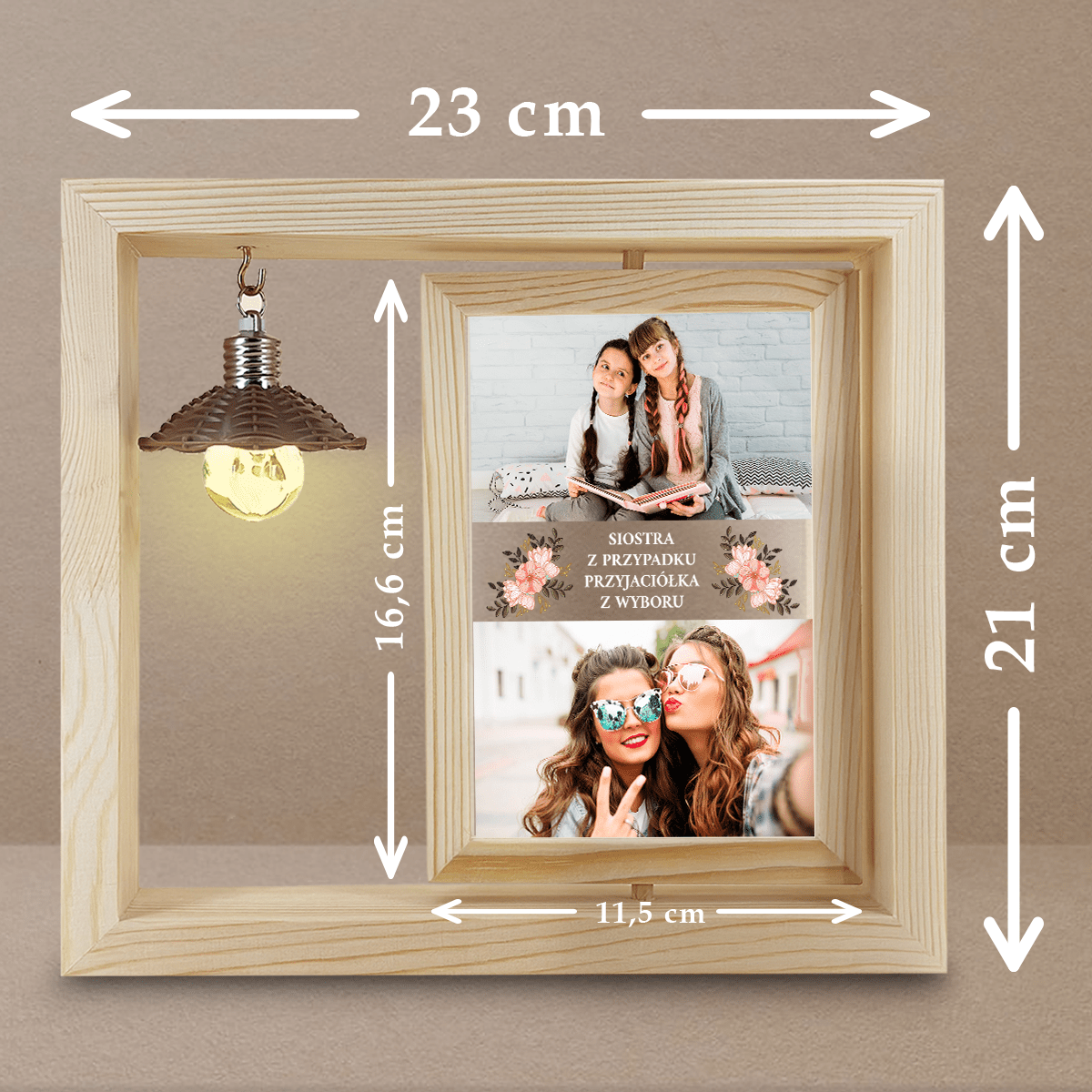 Moja siostra - 2 zdjęcia - Druk na szkle w drewnianej ramce + led, spersonalizowany prezent dla siostry - idamell.com