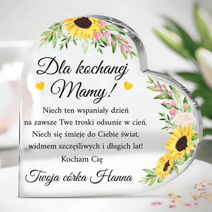 Motyw słoneczników + życzenia - Szklane serce, spersonalizowany prezent dla mamy - idamell.com