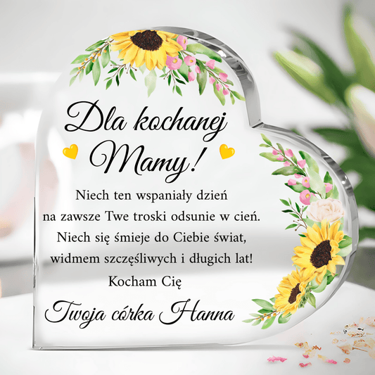 Motyw słoneczników + życzenia - Szklane serce, spersonalizowany prezent dla mamy - idamell.com