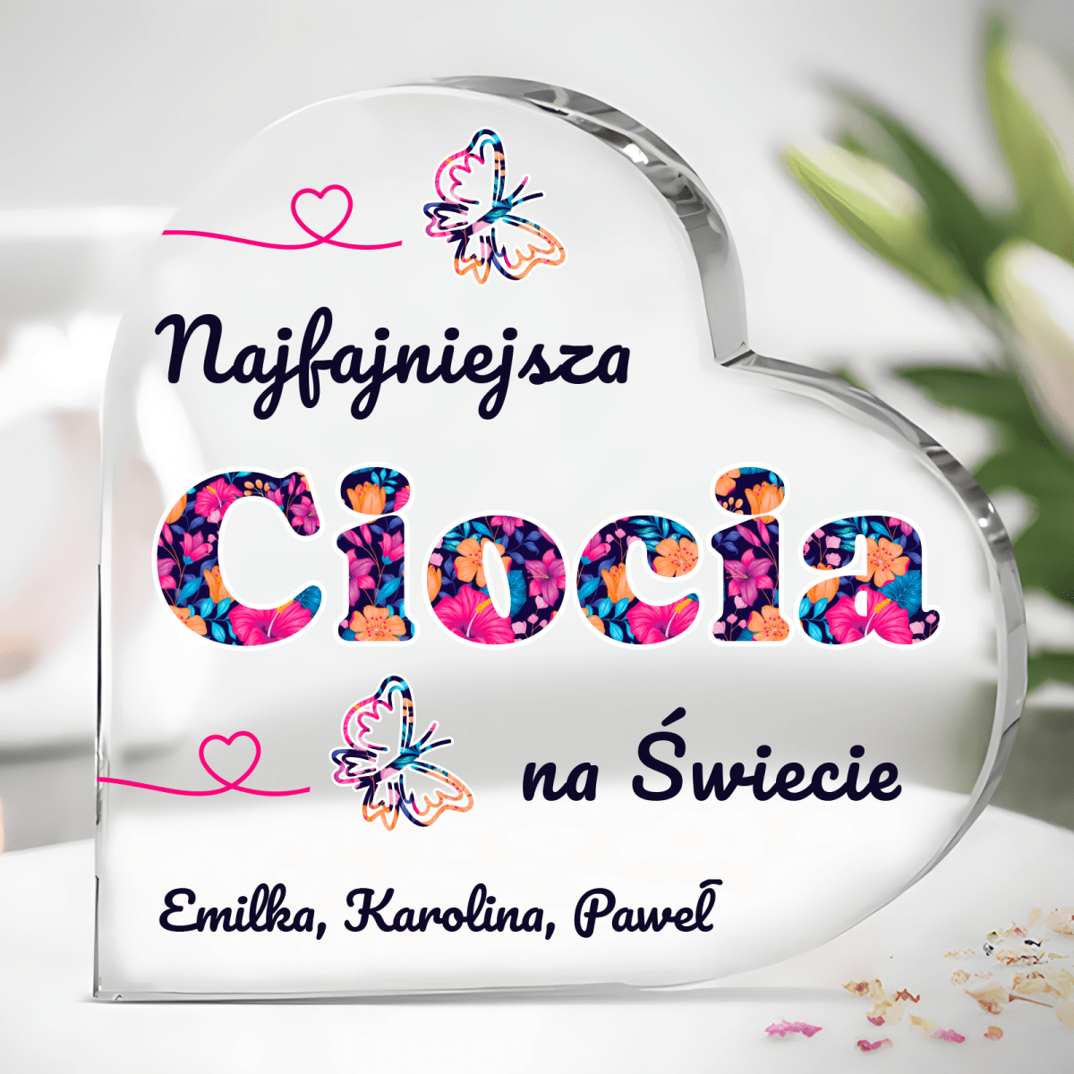 Najfajniejsza ciocia na świecie - Szklane serce, spersonalizowany prezent dla cioci - idamell.com