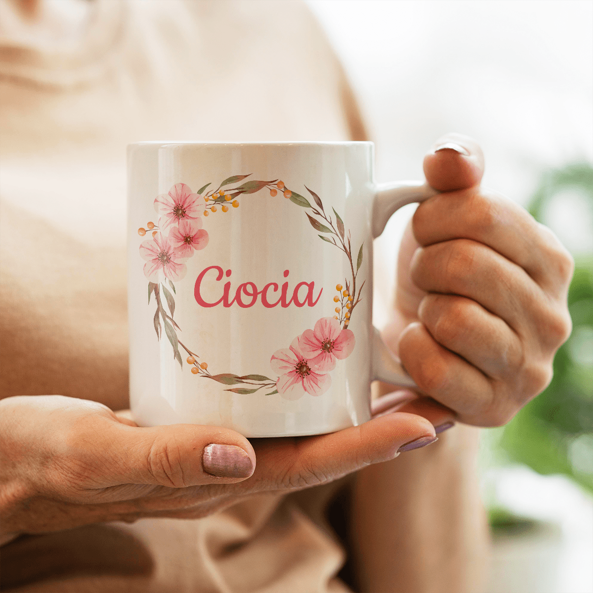 Napis Ciocia z kwiatowym motywem - 1x Kubek z nadrukiem, prezent dla cioci - idamell.com