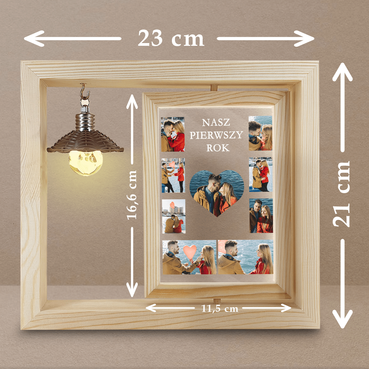 Nasz pierwszy rok kolaż - Druk na szkle w drewnianej ramce + led, spersonalizowany prezent dla pary - idamell.com