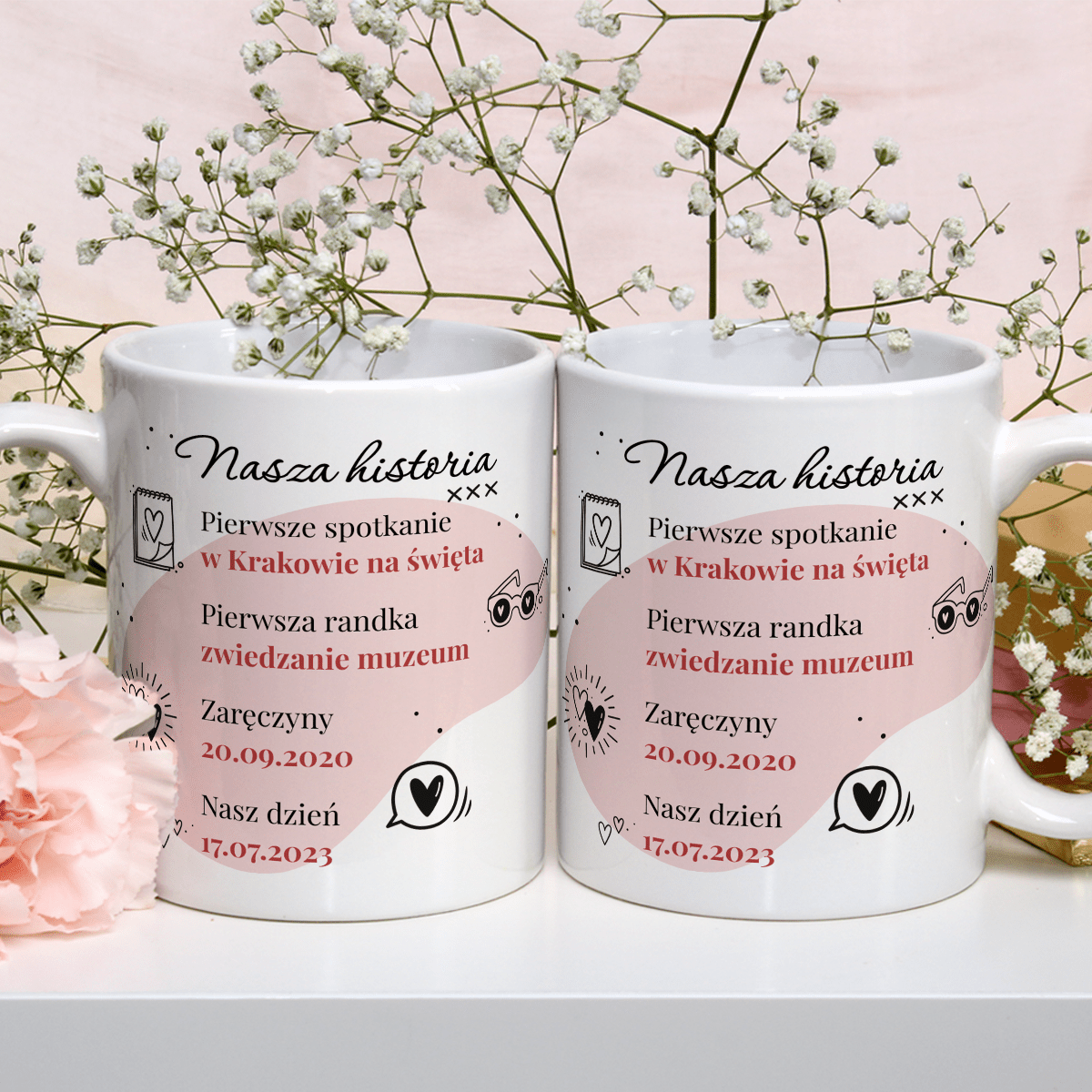 Nasza historia - Zestaw 2 x Kubek z nadrukiem, spersonalizowany prezent dla pary - idamell.com