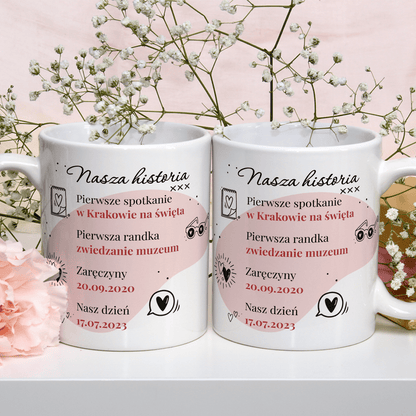 Nasza historia - Zestaw 2 x Kubek z nadrukiem, spersonalizowany prezent dla pary - idamell.com