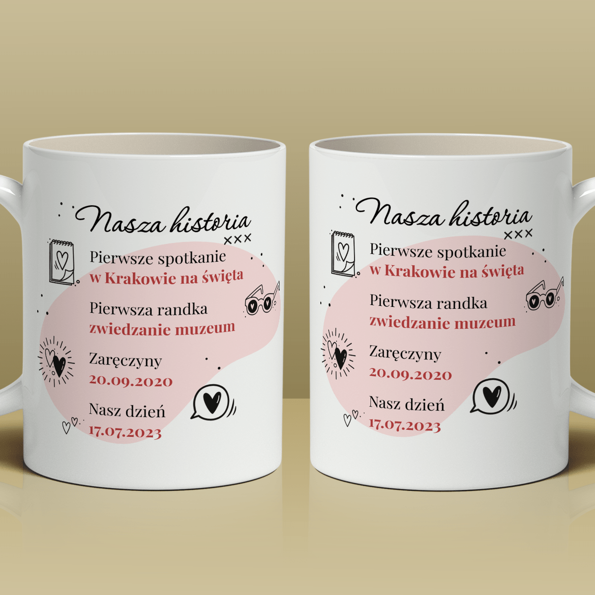 Nasza historia - Zestaw 2 x Kubek z nadrukiem, spersonalizowany prezent dla pary - idamell.com