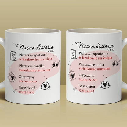 Nasza historia - Zestaw 2 x Kubek z nadrukiem, spersonalizowany prezent dla pary - idamell.com