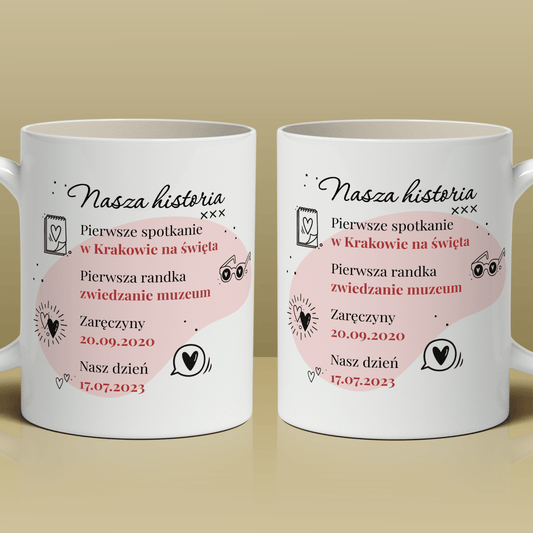 Nasza historia - Zestaw 2 x Kubek z nadrukiem, spersonalizowany prezent dla pary - idamell.com
