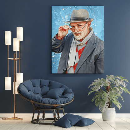 Naturalny portret dziadka z kolorowym tłem - druk na płótnie, spersonalizowany prezent dla dziadka - idamell.com