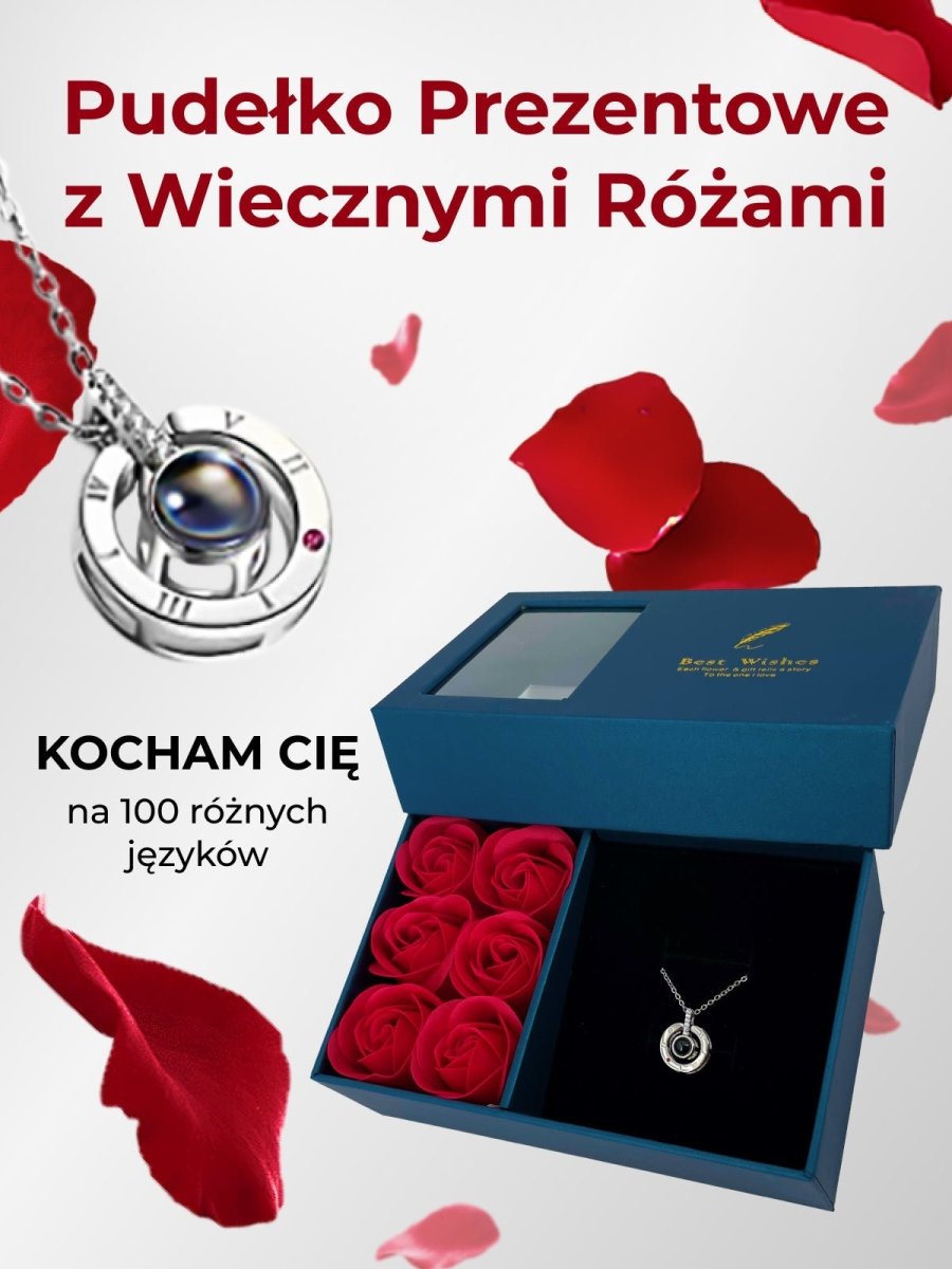 Niebieskie Pudełko z Różami na biżuterię + łańcuszek, Wyjatkowy pomysł na prezent dla dziewczyny, przyjaciółki, kobiety, na walentynki, na 18 urodziny - idamell.com - Wyjątkowe Prezenty