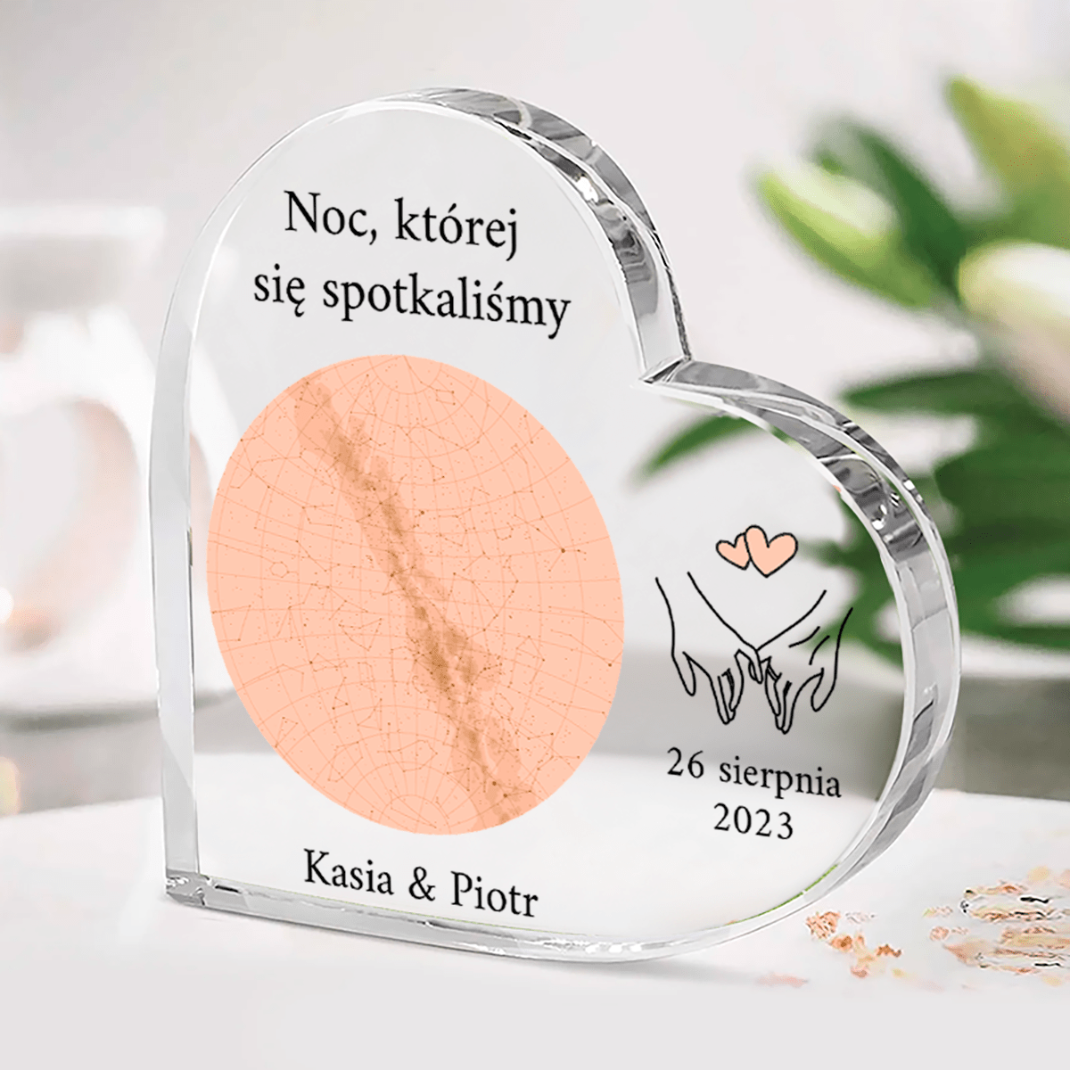 Noc spotkania - Szklane serce, spersonalizowany prezent dla niego - idamell.com