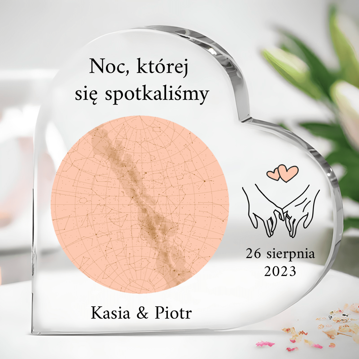 Noc spotkania - Szklane serce, spersonalizowany prezent dla niego - idamell.com