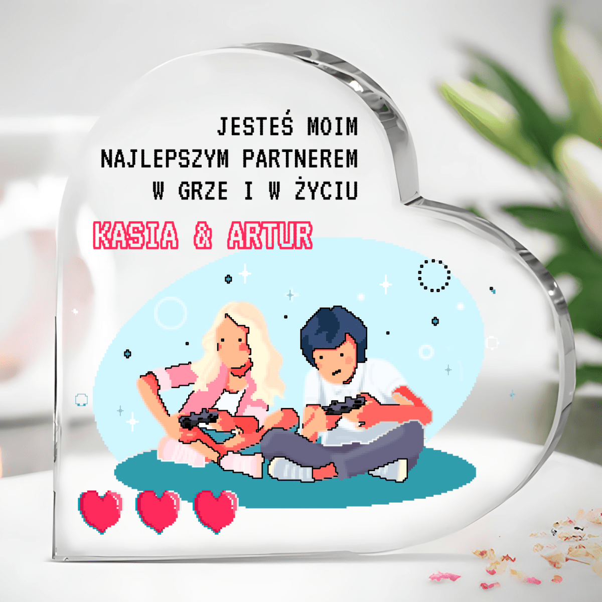 Para graczy - Szklane serce, spersonalizowany prezent dla pary - idamell.com