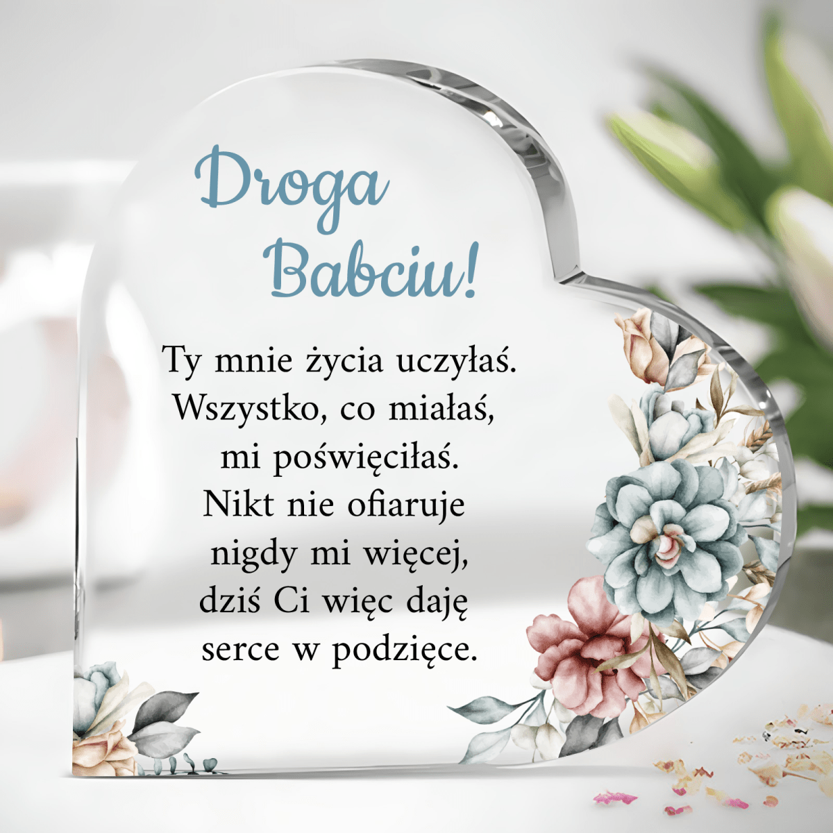 Pastelowe kwiaty - Szklane serce, spersonalizowany prezent dla babci - idamell.com