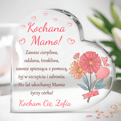 Różowe kwiaty i serca - Szklane serce, spersonalizowany prezent dla mamy - idamell.com
