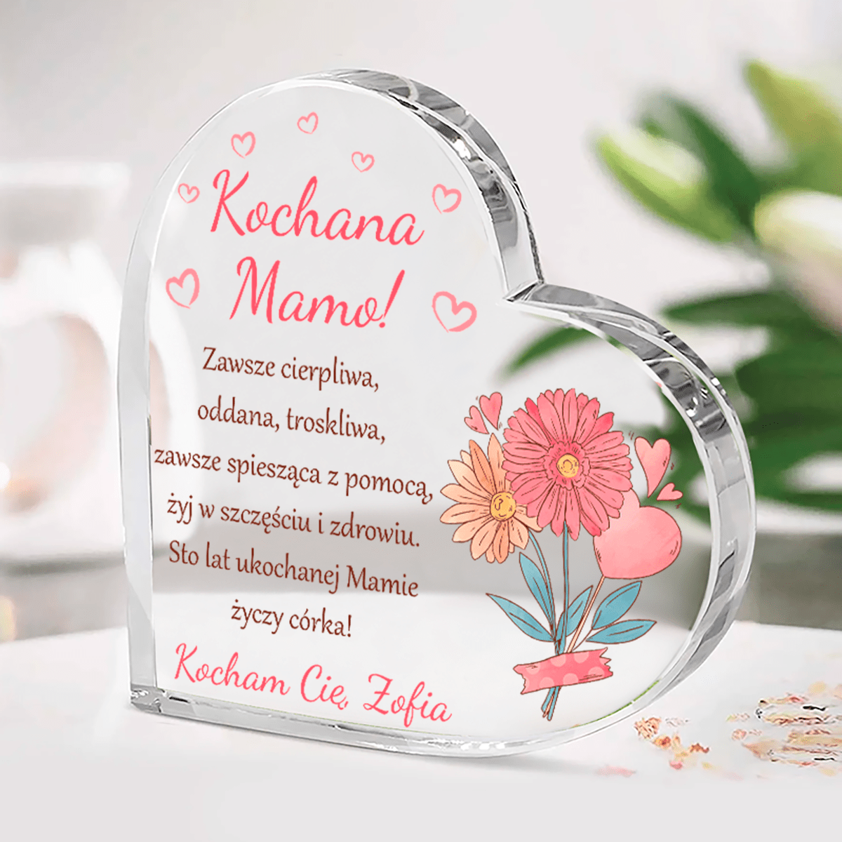 Różowe kwiaty i serca - Szklane serce, spersonalizowany prezent dla mamy - idamell.com