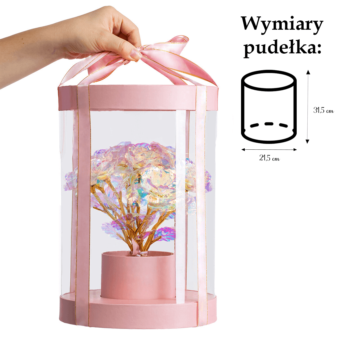 Różowy box z białymi różami wiecznymi LED + GRATISY - idamell.com - Wyjątkowe Prezenty