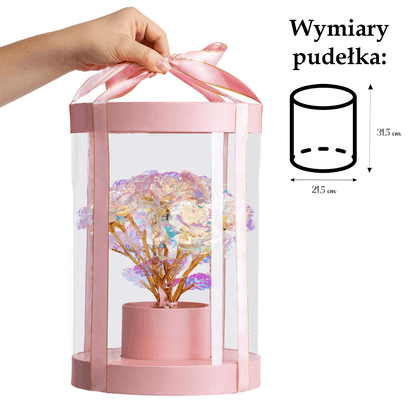 Różowy box z białymi różami wiecznymi LED + GRATISY - idamell.com - Wyjątkowe Prezenty