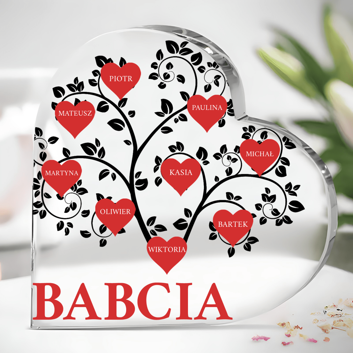 Serca z imionami wnuków - Szklane serce, spersonalizowany prezent dla babci - idamell.com