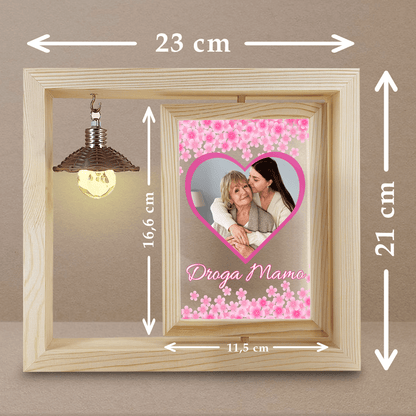 Serce i kwiaty - Druk na szkle w drewnianej ramce + led, spersonalizowany prezent dla mamy - idamell.com