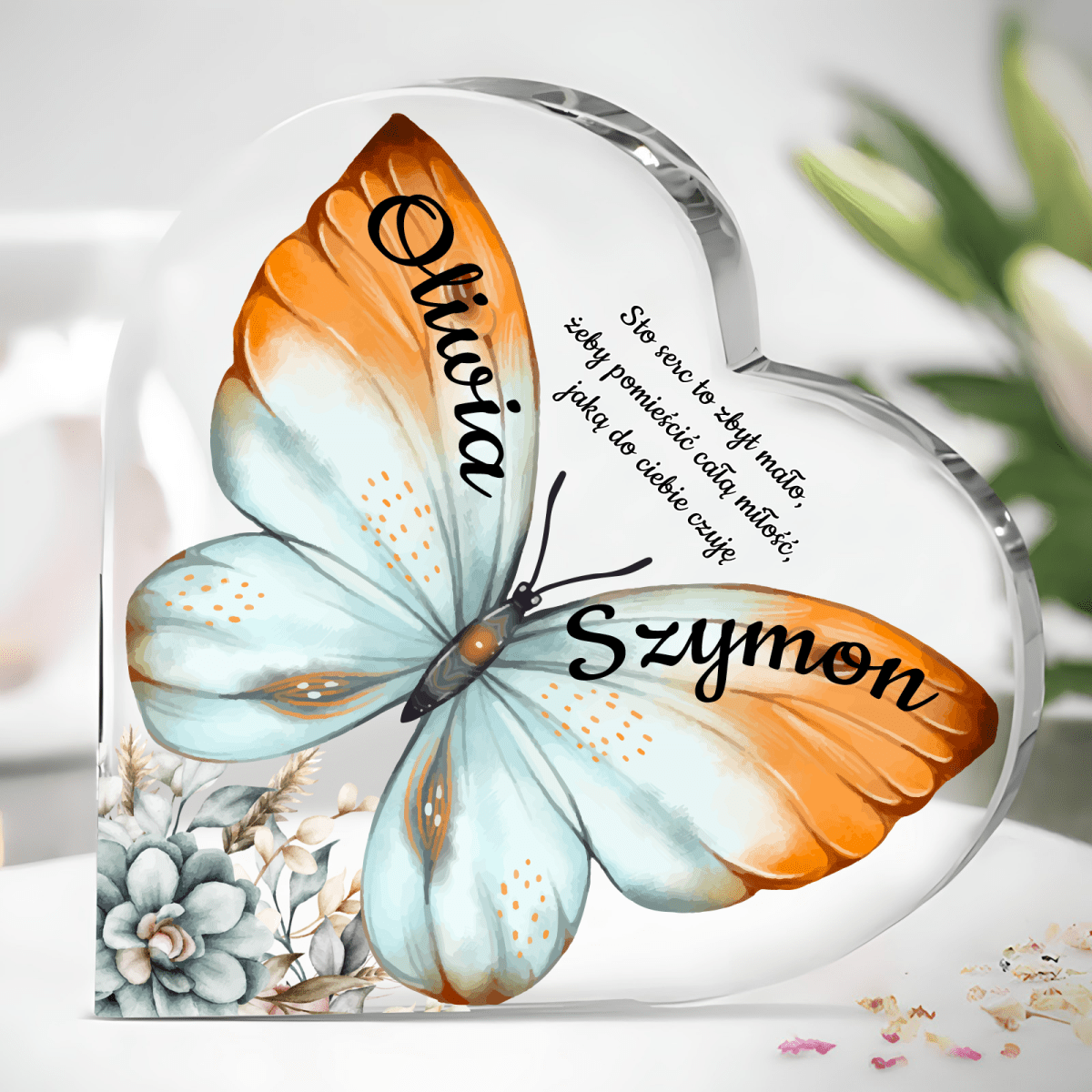 Serce motyl - Szklane serce, spersonalizowany prezent dla niej - idamell.com