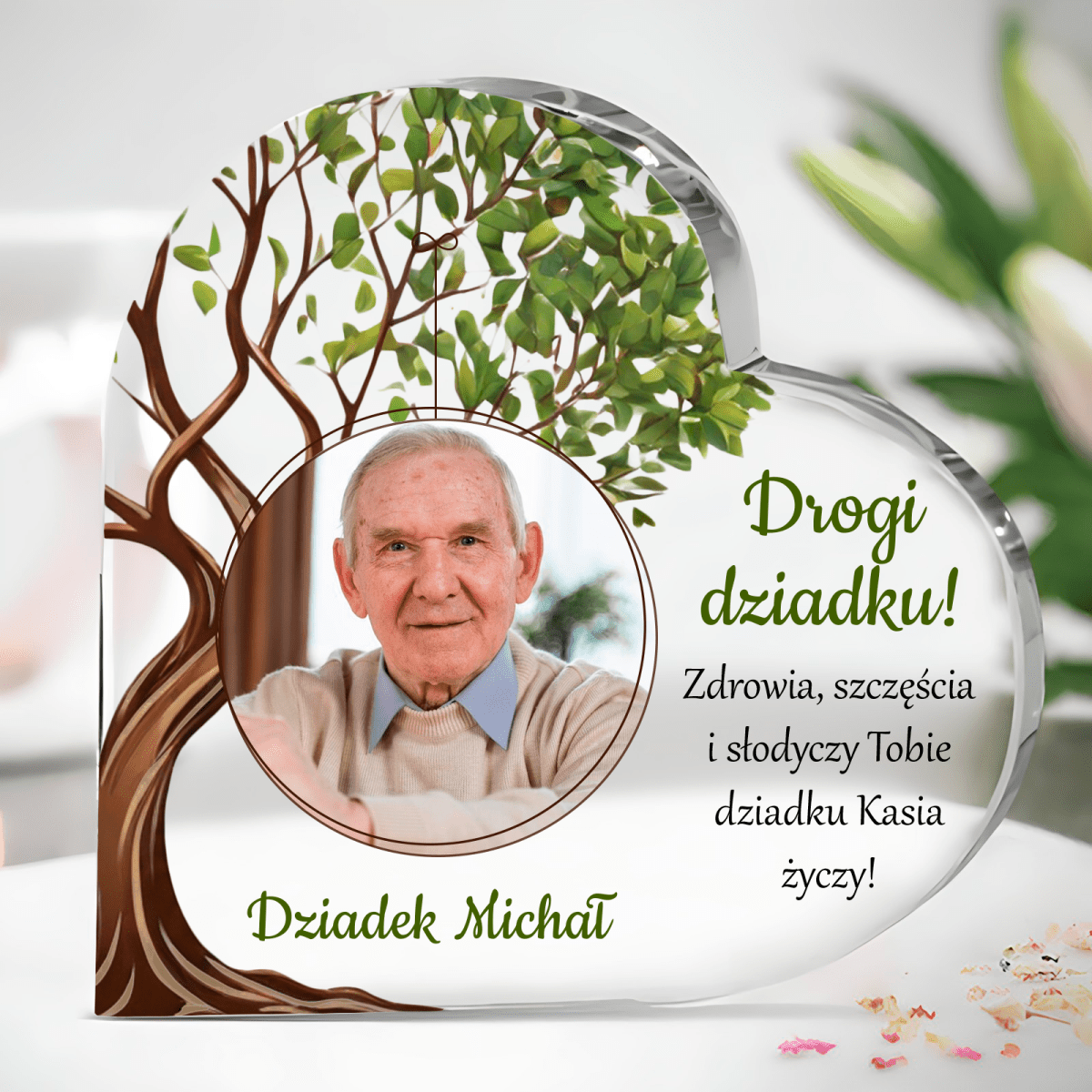 Serce z motywem drzewa - Szklane serce, spersonalizowany prezent dla dziadka - idamell.com