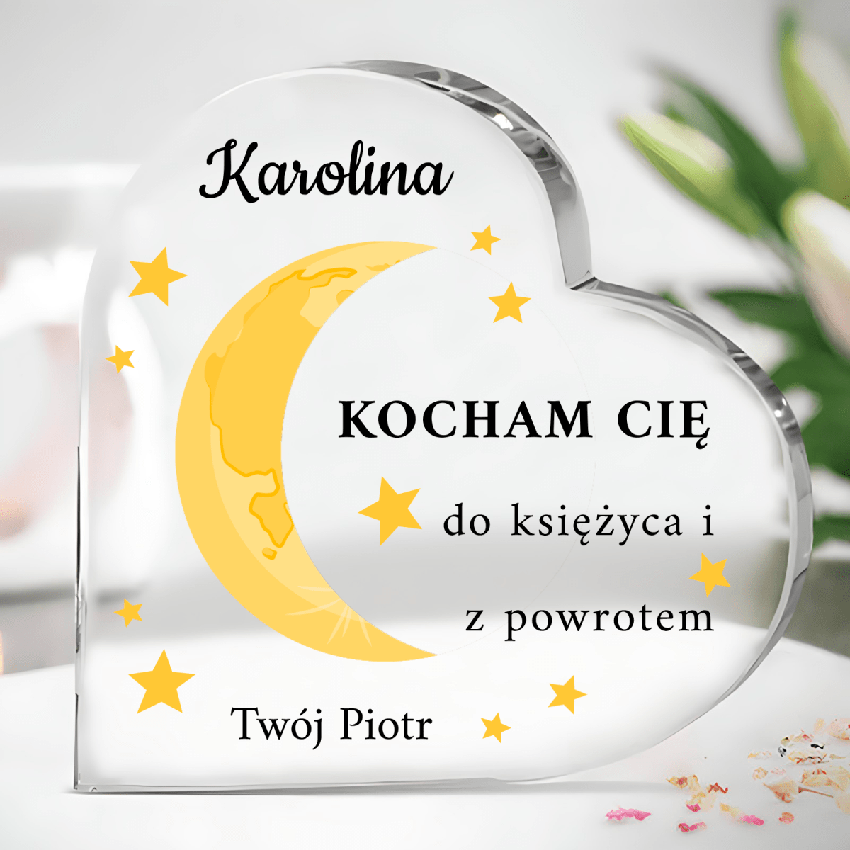 Serce z motywem księżyca - Szklane serce, spersonalizowany prezent dla niej - idamell.com