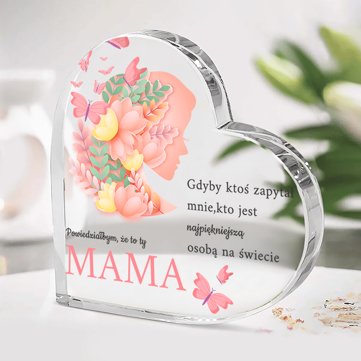 Serce z napisem najpiękniejsza mama - Szklane serce, spersonalizowany prezent dla mamy - idamell.com