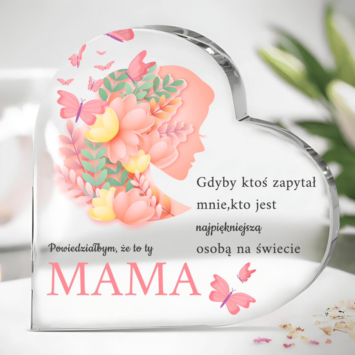 Serce z napisem najpiękniejsza mama - Szklane serce, spersonalizowany prezent dla mamy - idamell.com
