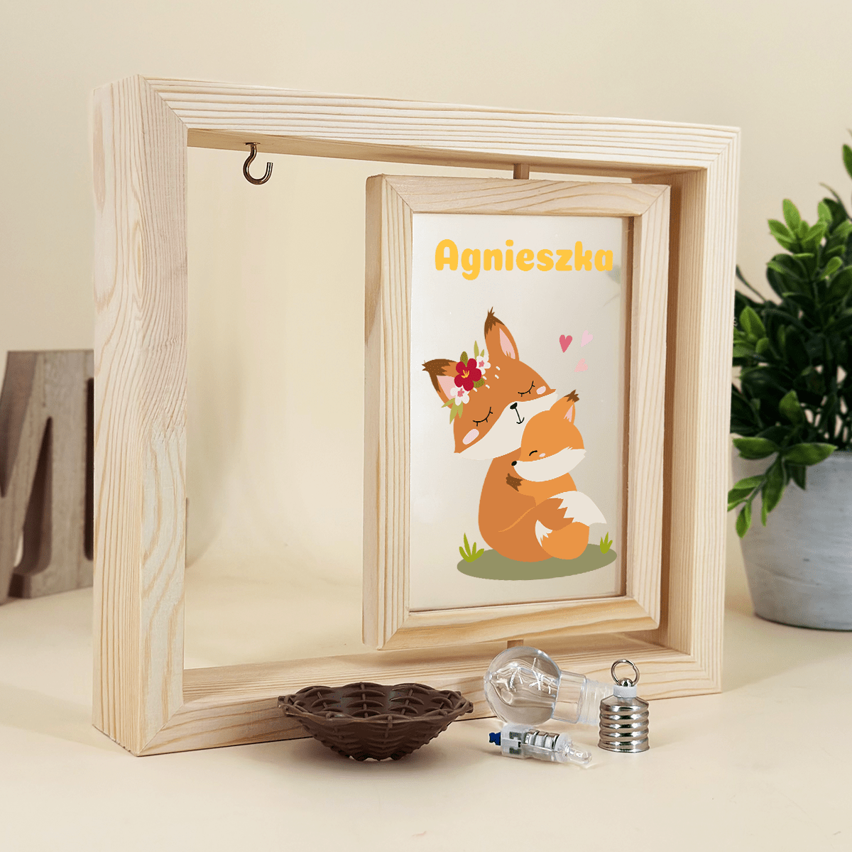 Słodkie lisy - Druk na szkle w drewnianej ramce + led, spersonalizowany prezent dla dziecka - idamell.com