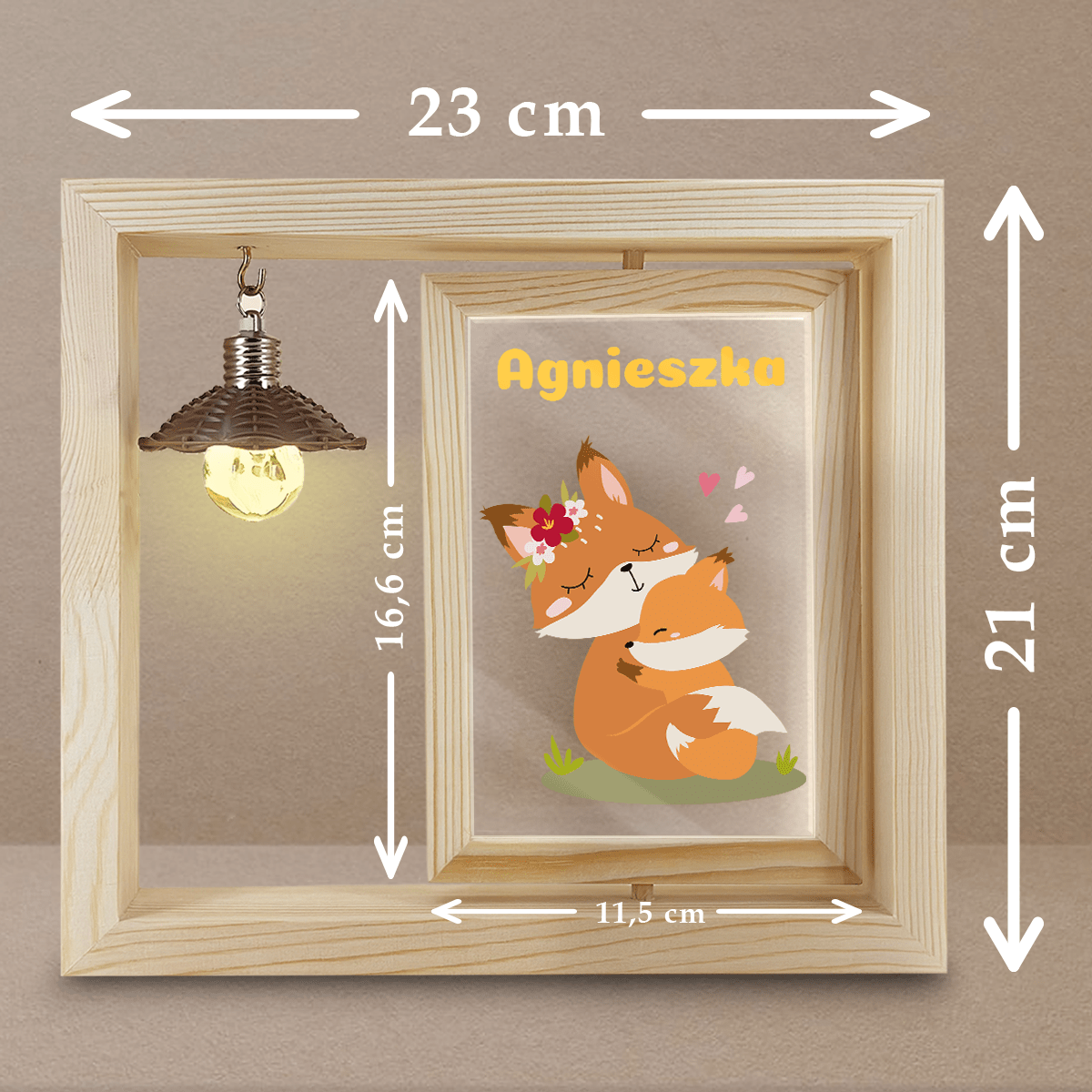 Słodkie lisy - Druk na szkle w drewnianej ramce + led, spersonalizowany prezent dla dziecka - idamell.com