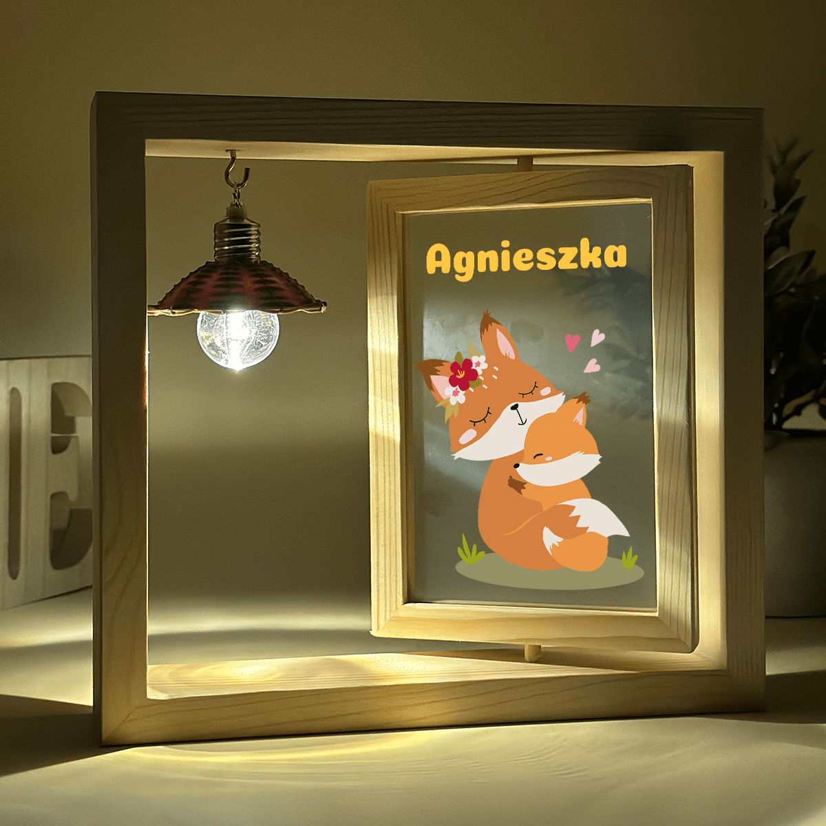 Słodkie lisy - Druk na szkle w drewnianej ramce + led, spersonalizowany prezent dla dziecka - idamell.com