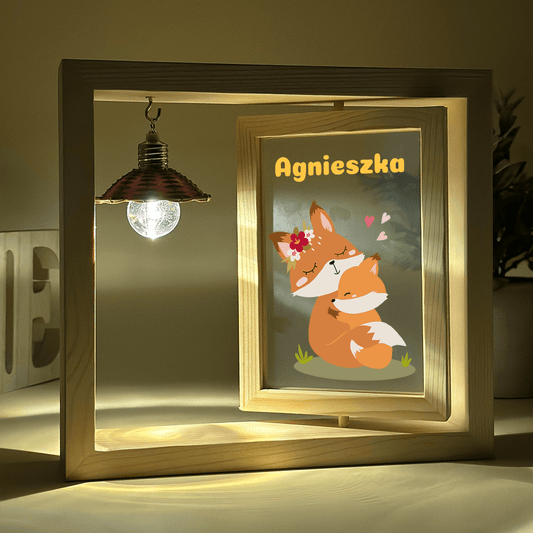 Słodkie lisy - Druk na szkle w drewnianej ramce + led, spersonalizowany prezent dla dziecka - idamell.com