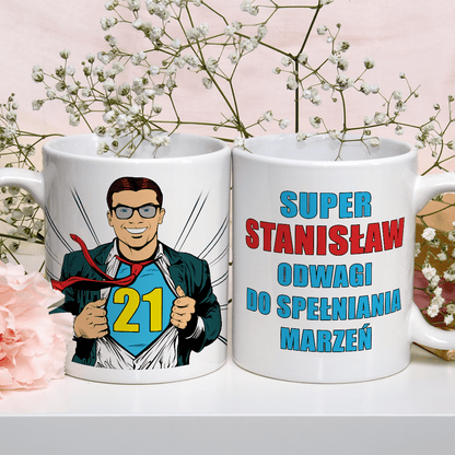 Superman na 21. urodziny - 1x Kubek z nadrukiem, spersonalizowany prezent dla niego - idamell.com