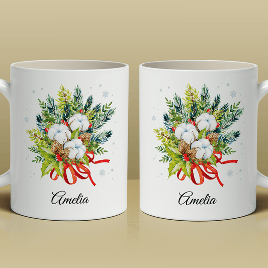 Świąteczna grafika + imię - 1x Kubek z nadrukiem, spersonalizowany prezent dla niej - idamell.com
