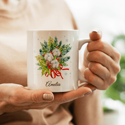 Świąteczna grafika + imię - 1x Kubek z nadrukiem, spersonalizowany prezent dla niej - idamell.com