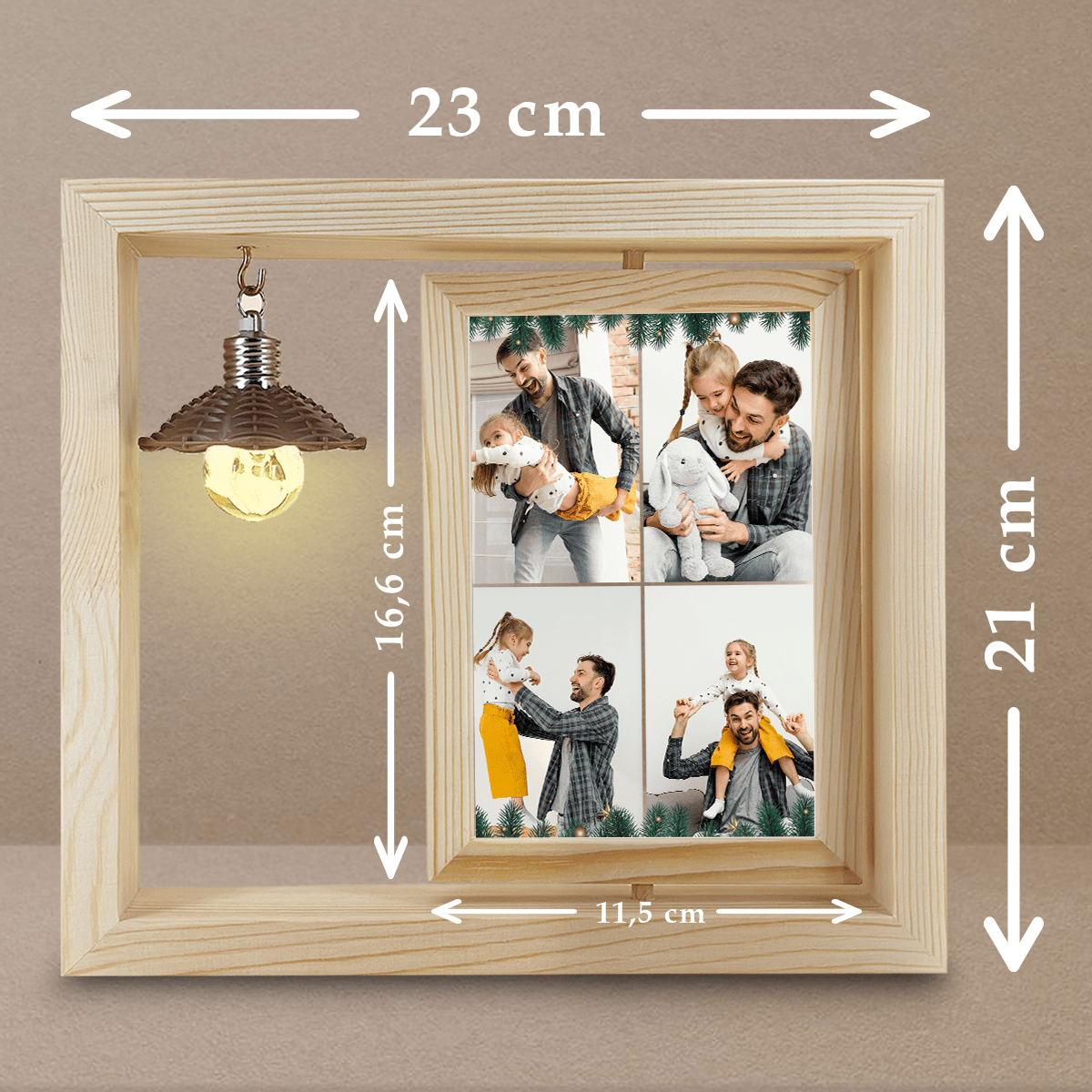 Świąteczny kolaż zdjęć z tatą - Druk na szkle w drewnianej ramce + led, spersonalizowany prezent dla taty - idamell.com