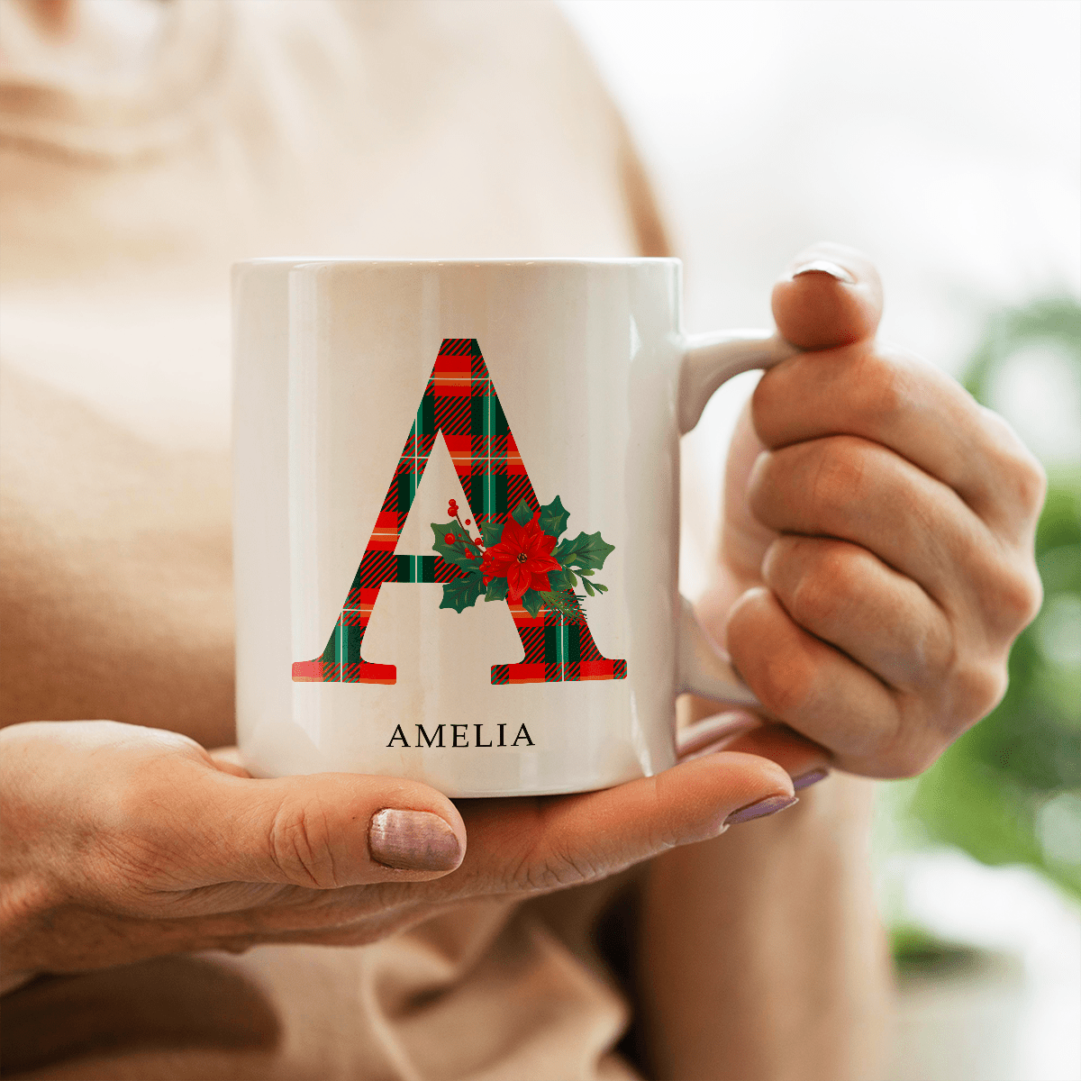 Świąteczny monogram - 1x Kubek z nadrukiem, spersonalizowany prezent dla niej - idamell.com
