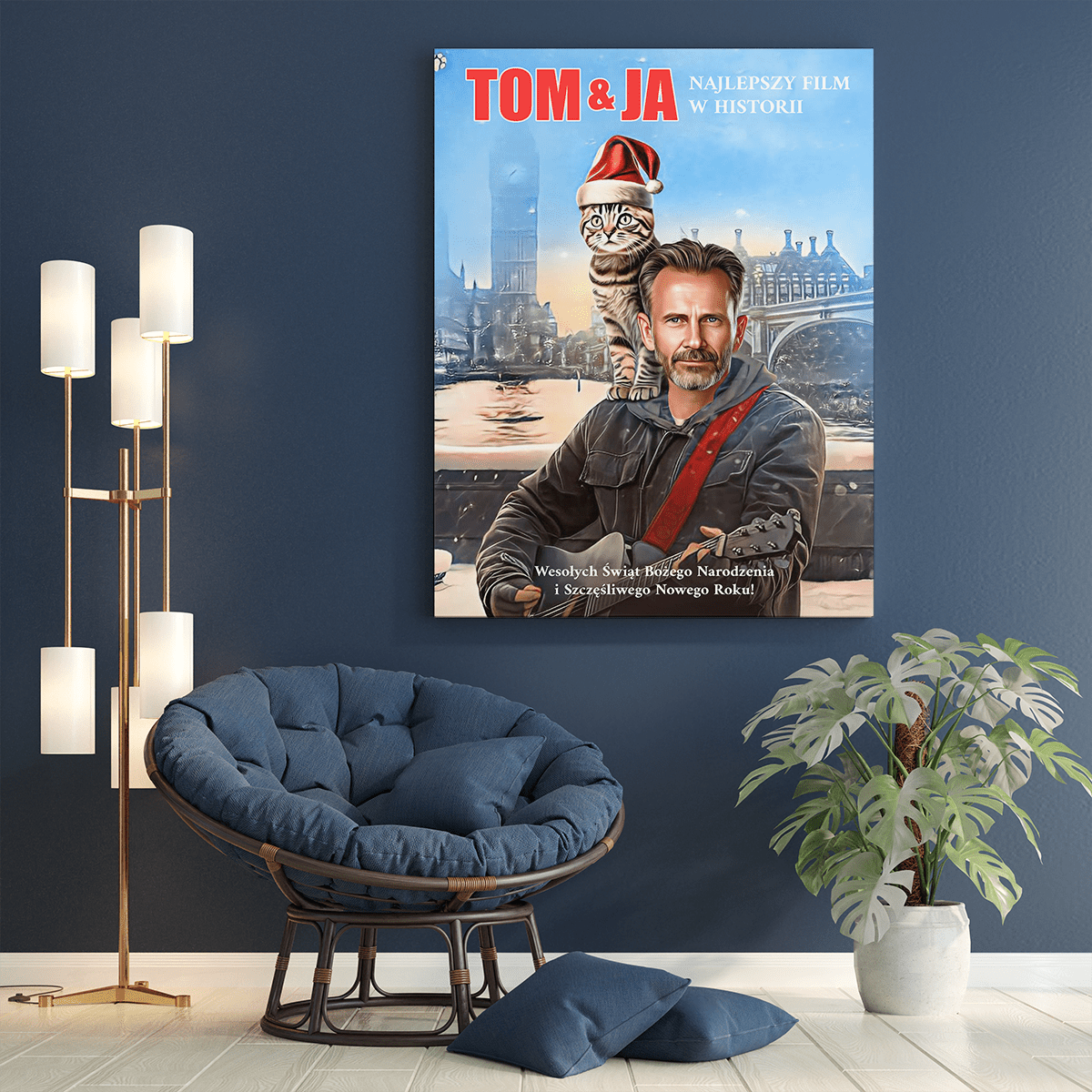 Świąteczny plakat z kotem - druk na płótnie, spersonalizowany prezent dla kociarza - idamell.com