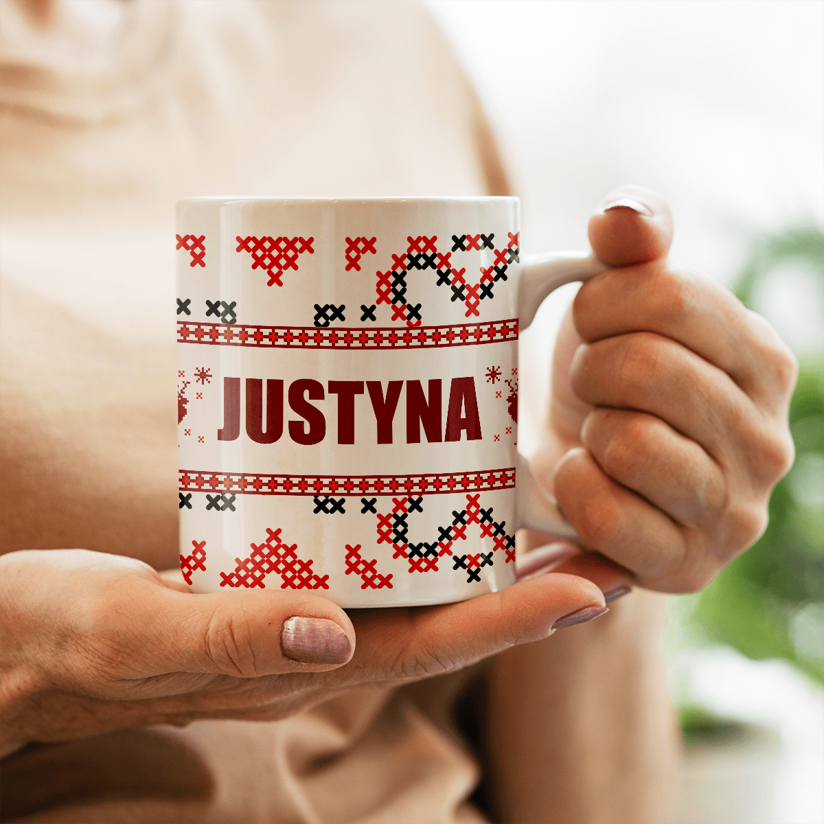Świąteczny wzór + imię - 1x Kubek z nadrukiem, spersonalizowany prezent dla siostry - idamell.com