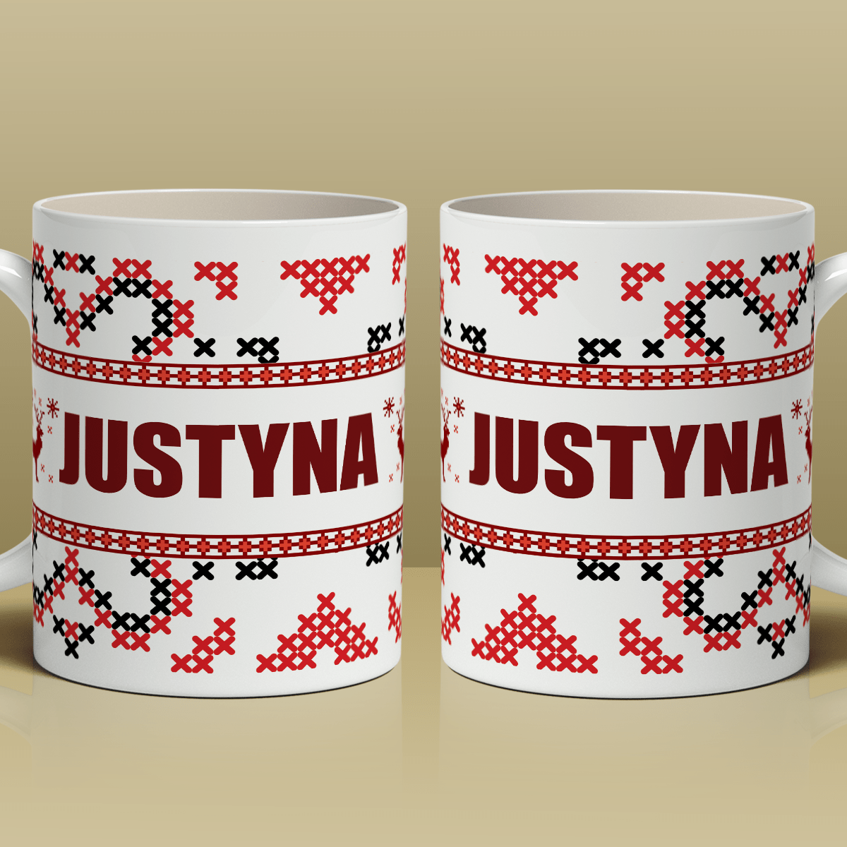 Świąteczny wzór + imię - 1x Kubek z nadrukiem, spersonalizowany prezent dla siostry - idamell.com
