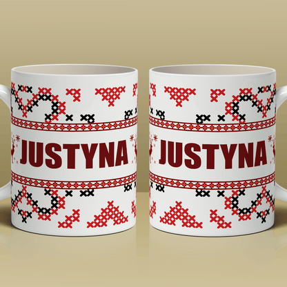 Świąteczny wzór + imię - 1x Kubek z nadrukiem, spersonalizowany prezent dla siostry - idamell.com
