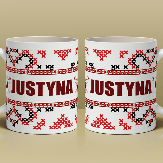 Świąteczny wzór + imię - 1x Kubek z nadrukiem, spersonalizowany prezent dla siostry - idamell.com