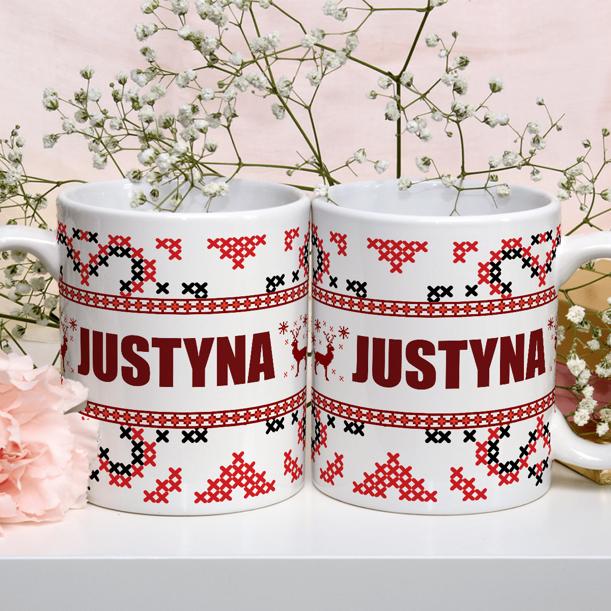 Świąteczny wzór + imię - 1x Kubek z nadrukiem, spersonalizowany prezent dla siostry - idamell.com