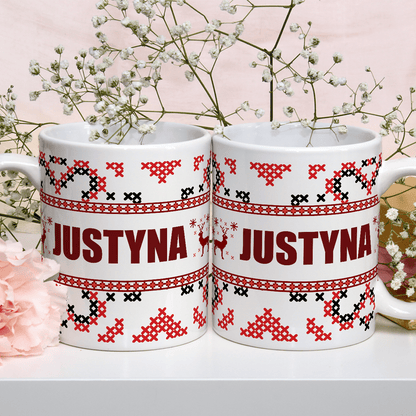 Świąteczny wzór + imię - 1x Kubek z nadrukiem, spersonalizowany prezent dla siostry - idamell.com